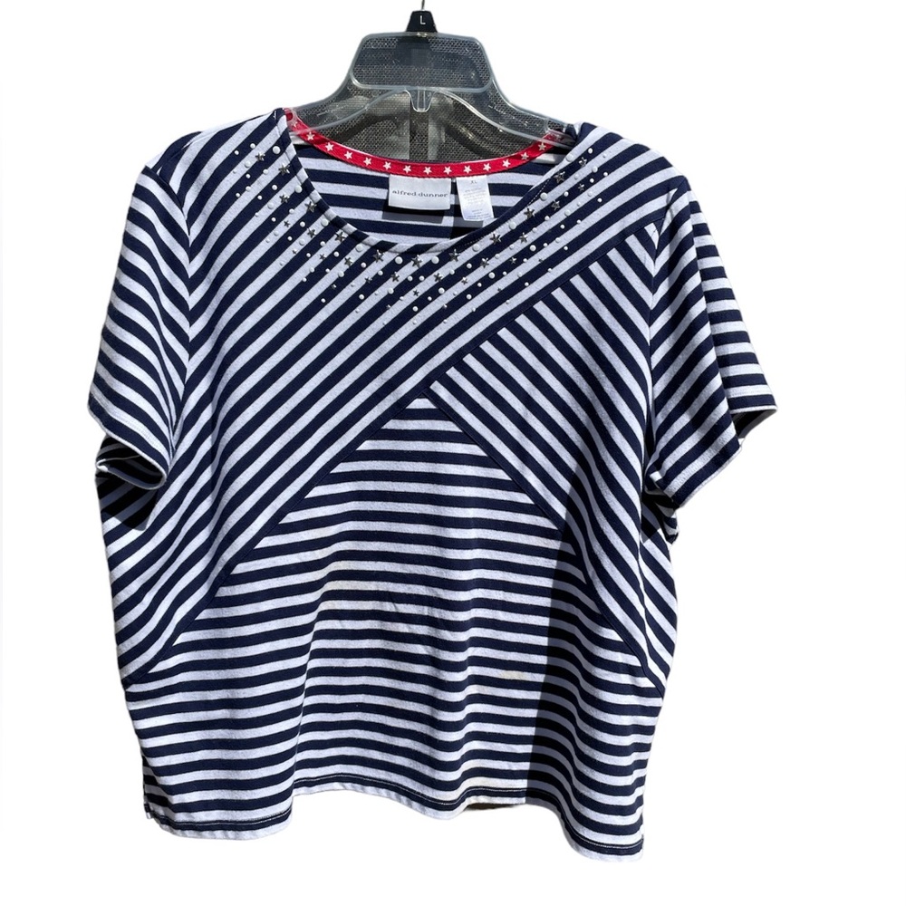 Alfred Dunner Top Sz XL Slipover Short Sleeve Blue White Stripe Bling Stars Dots